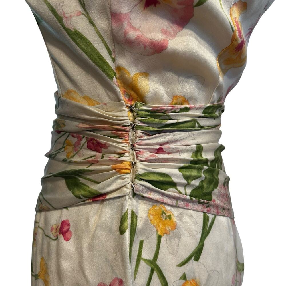 Bill Blass Vintage 80s Silk Floral Sheath Dress Ruched Waist Long Sleeve XS - Picture 8 of 13